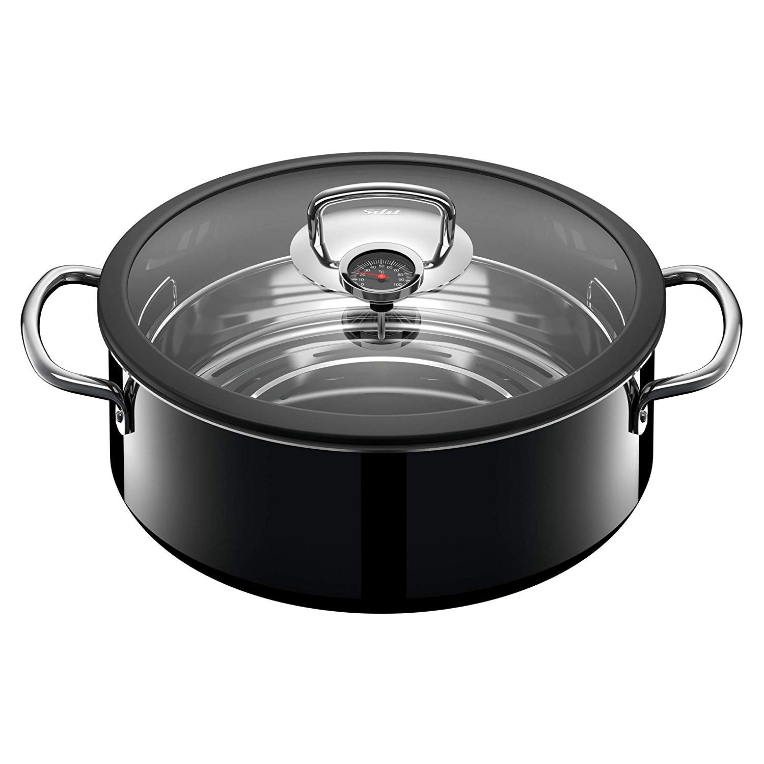 Silit ecompact Dampfgarer, Bräter Induktion 28 cm, mit Glasdeckel, 6l, Garthermometer, Garblech, Silargan Funktionskeramik, schwarz
