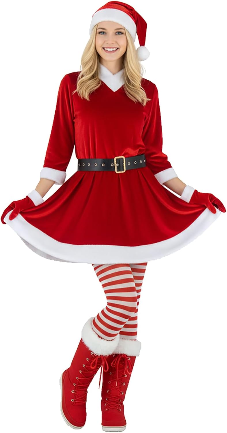 9 Pcs Mrs Claus Costume Velvet Dress Hat Gloves Santa Sack Belt Socks Inflatable Cane Christmas Party Outfit