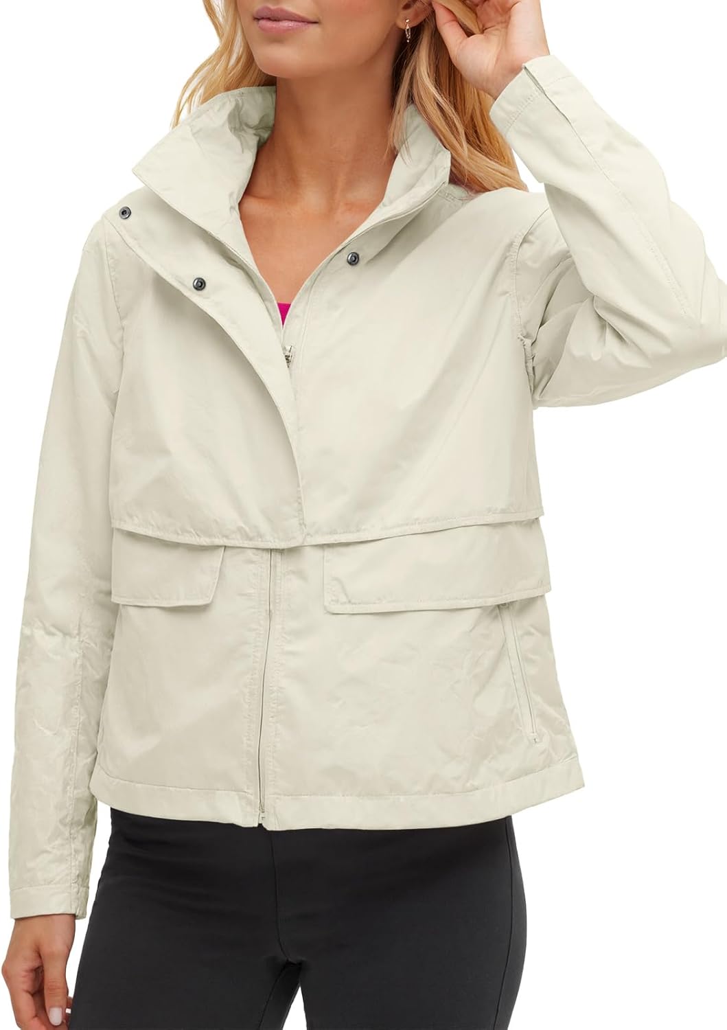 Fisoew Womens Cropped Jacket Zip Up Lightweight Hooded Trench Coat Active Outdoor Windbreaker Raincoat with Pockets - Image 2