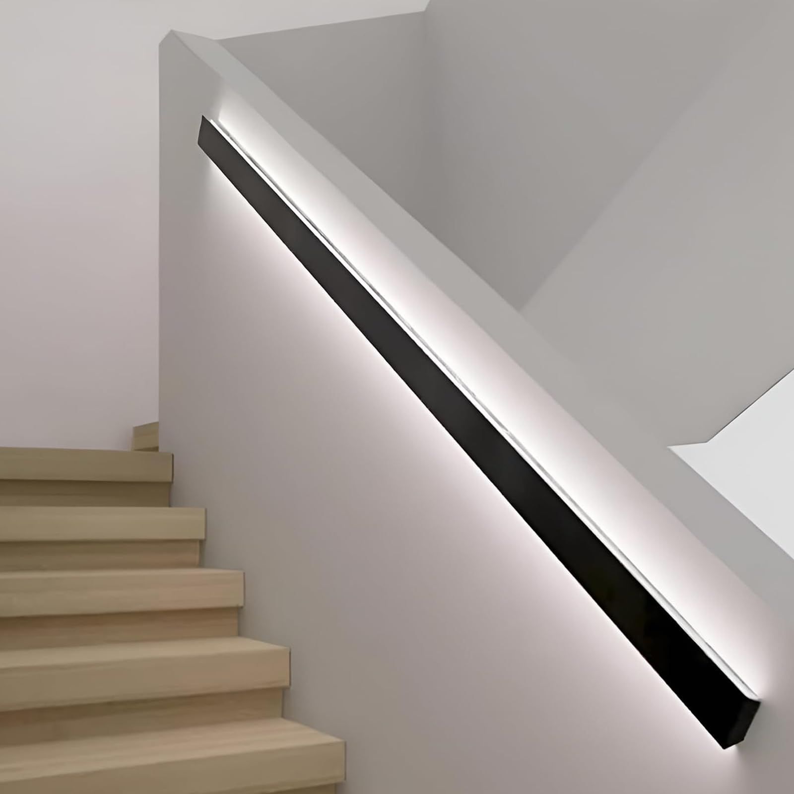 Rampe d'escalier à LED avec éclairage automatique, barre d'appui noire 150cm pour escaliers