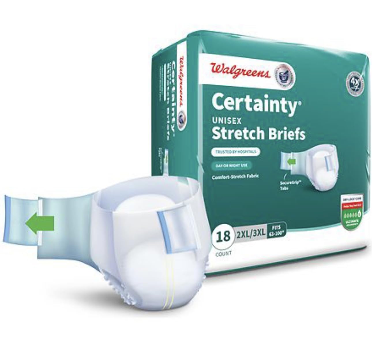 Pack of 2 of Certainty Unisex Stretch Briefs, 2XL/3XL, Ultimate Absorbency, 18 Count, Dry-Lock Core, Fits 63-100 inch