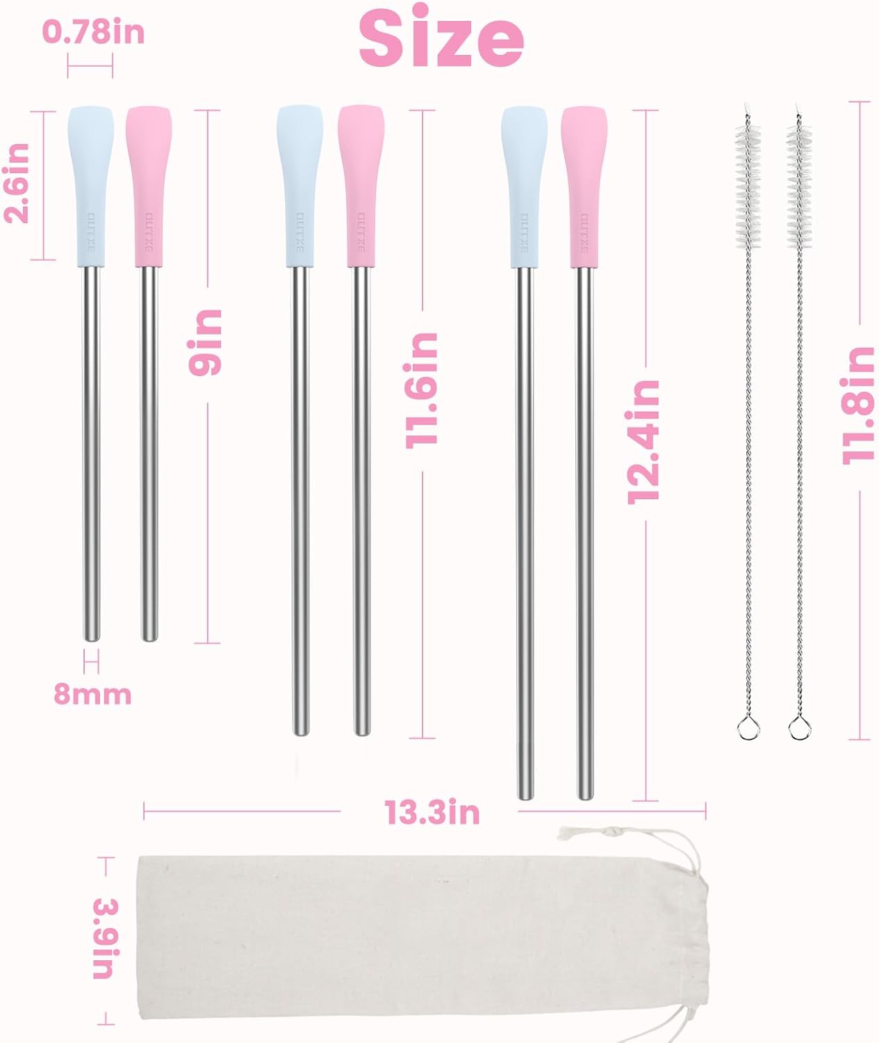 OUTXE Anti Wrinkle Straw 6 Pcs, Flat Wide Drinking Straw for Stanley Cup 40 oz 30 oz, Reusable Wrinkle Free Long Stainless Steel Metal Straw for Lip with Cleaning Brush and Carrying Bag blue,pink diameter: 8 mm