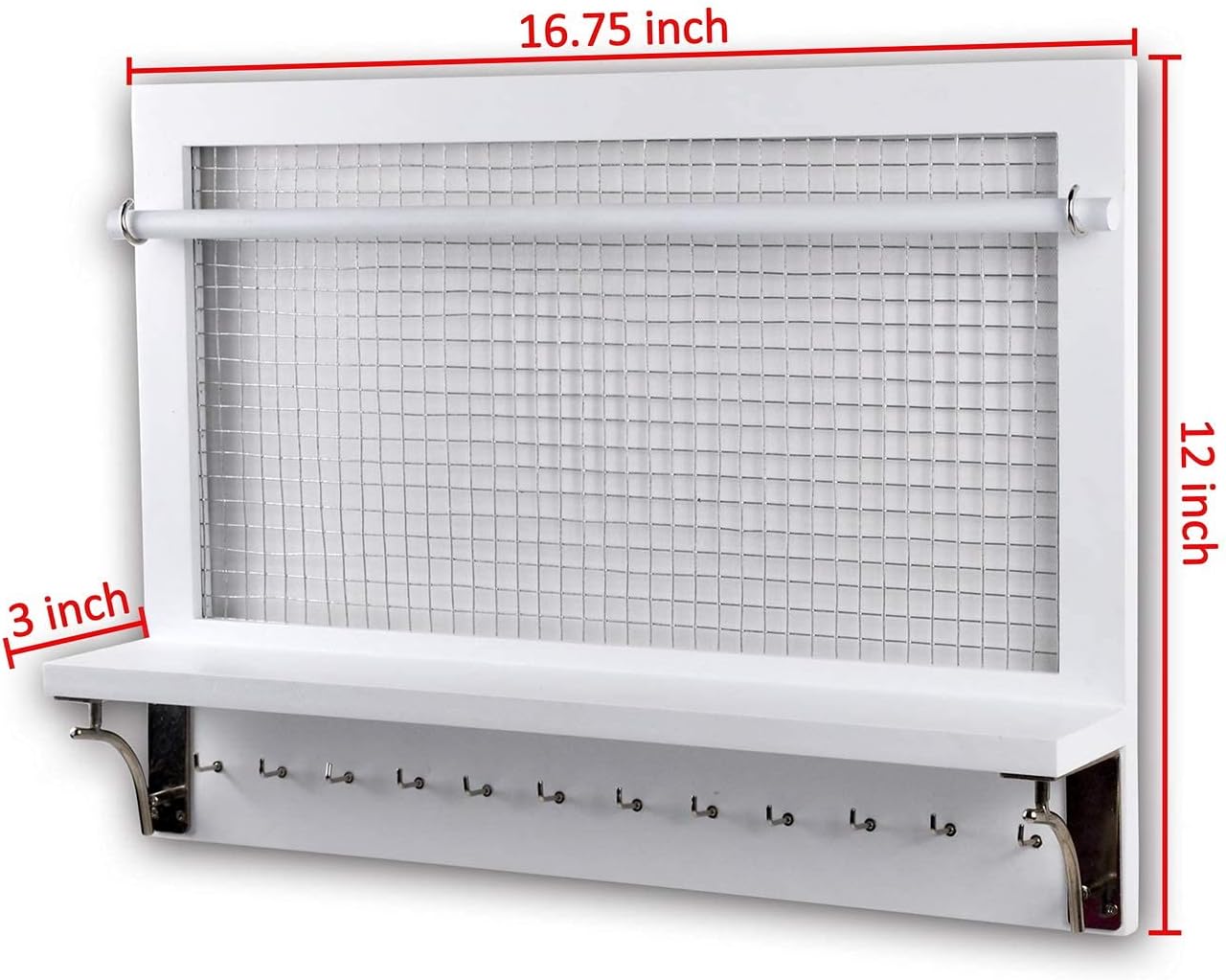 Spiretro White Jewelry Organizer, Wall Mount Jewelry Holder Rack with Hooks Shelf and Removable Rod Hanging Display Earrings Necklaces Bracelets Rings Storage Accessories Wood