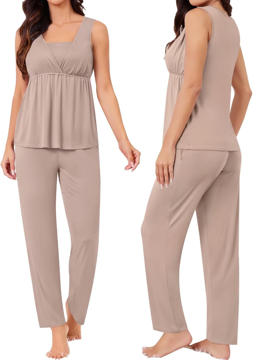 SWOMOG Women Maternity Nursing Pajamas Sets 3 Piece Breastfeeding Robe 3 in 1 Labor Delivery Sleeveless Pregnancy Pjs & Pants - Image 5