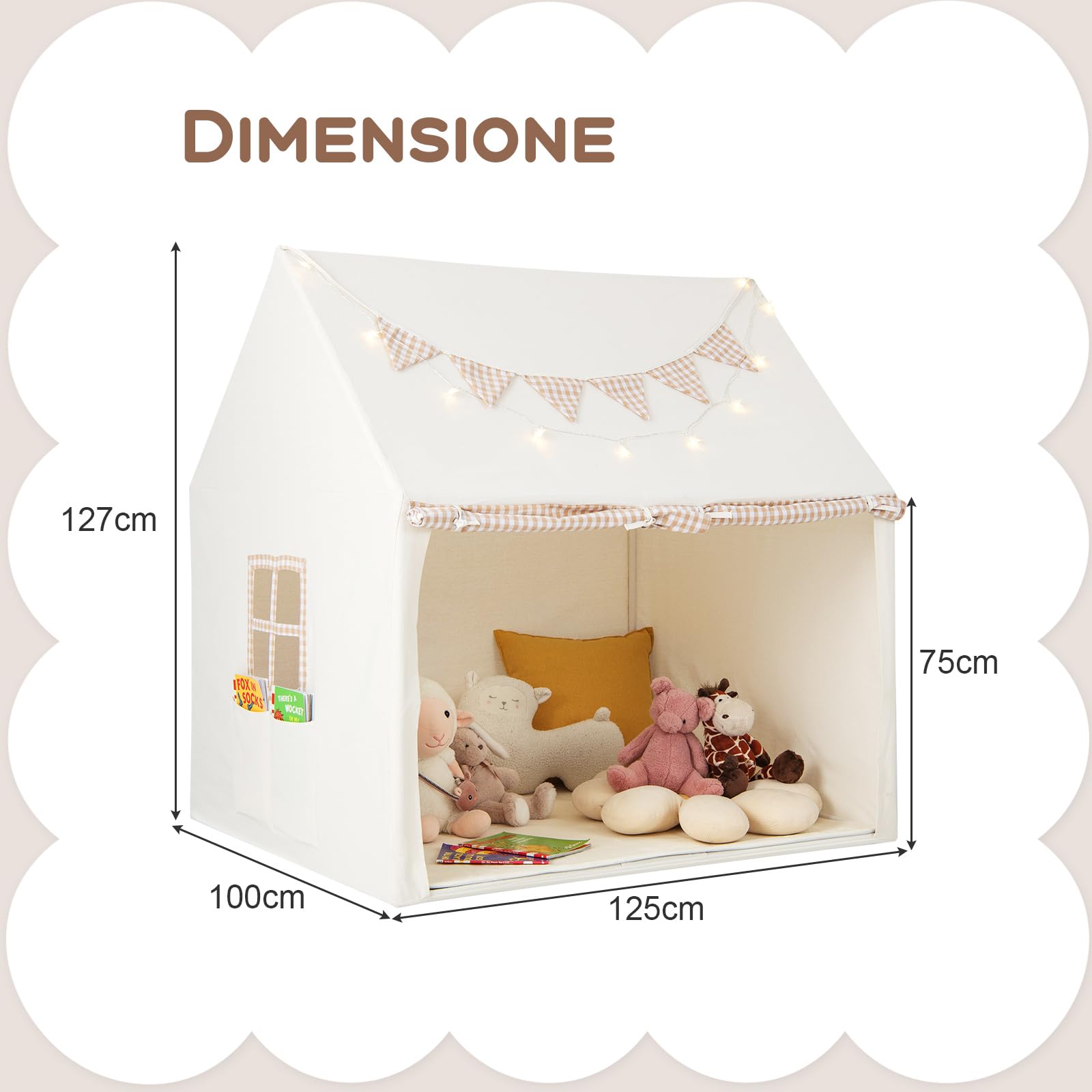 COSTWAY Tenda da Gioco per Bambini, Casetta Tenda da Gioco con Tappetino Imbottito, 2 Finestre Traspiranti e 2 Tasche, Luci a Stella e Bandierine Incluse, Tenda per Bambini 3-8 Anni (Beige)