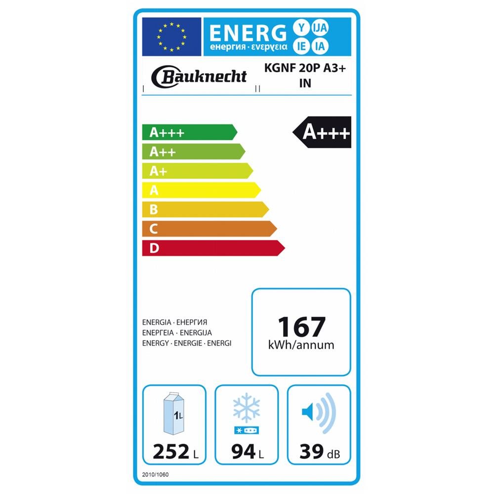 Bauknecht KGNF 20P A3+ IN Kühl-Gefrier-Kombination / A+++ / 201 cm Höhe / 169 kWh/ Jahr / 254 L Kühlteil / 97 L Gefrierteil / Ultimate No Frost / Theater LED Licht