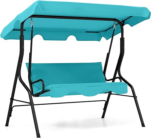 Miniatura 13 de RELAX4LIFE Silla de columpio para porche para 3 personas, columpio para exteriores con toldo ajustable, cojín extraíble y soporte de marco de metal,