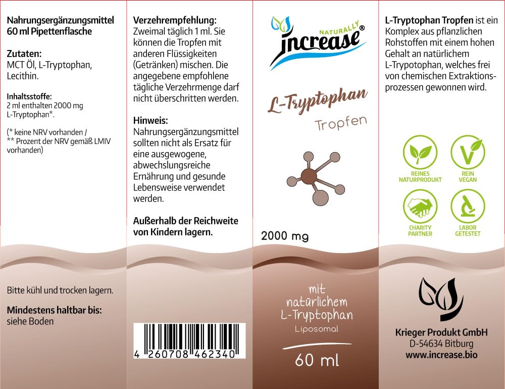Liposomale L-Tryptophan Tropfen hochdosiert - (60.000mg pro Packung) 2000mg L-Tryptophan pro Tagesdosis - MCT Öl - Hohe Bioverfügbarkeit