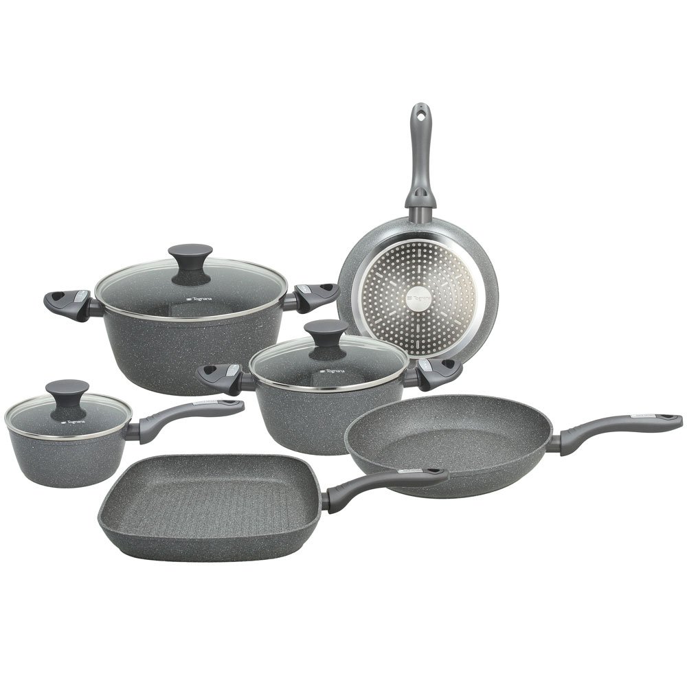 Tognana Mythos Batteria 9 Pezzi, Alluminio, Nero, 24 cm & WI758BDAMNF Grill Rettangolare con Manico Pieghevole Mythos, Alluminio, Grigio, 1