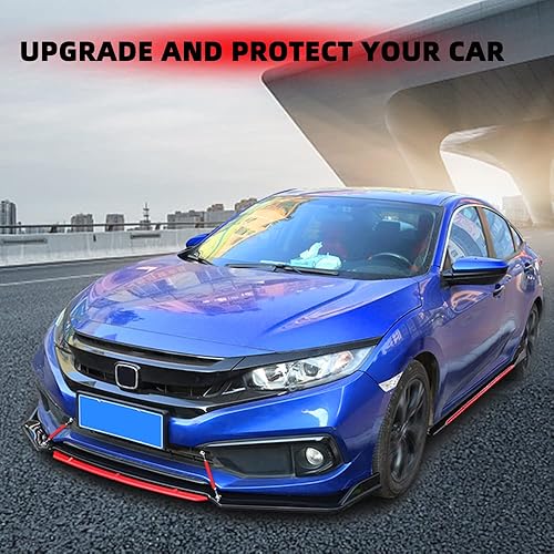 Miniatura 5 de Kit de carrocería con alerón difusor de parachoques delantero universal negro y rojo brillante + barra divisora de soporte ajustable roja + falda