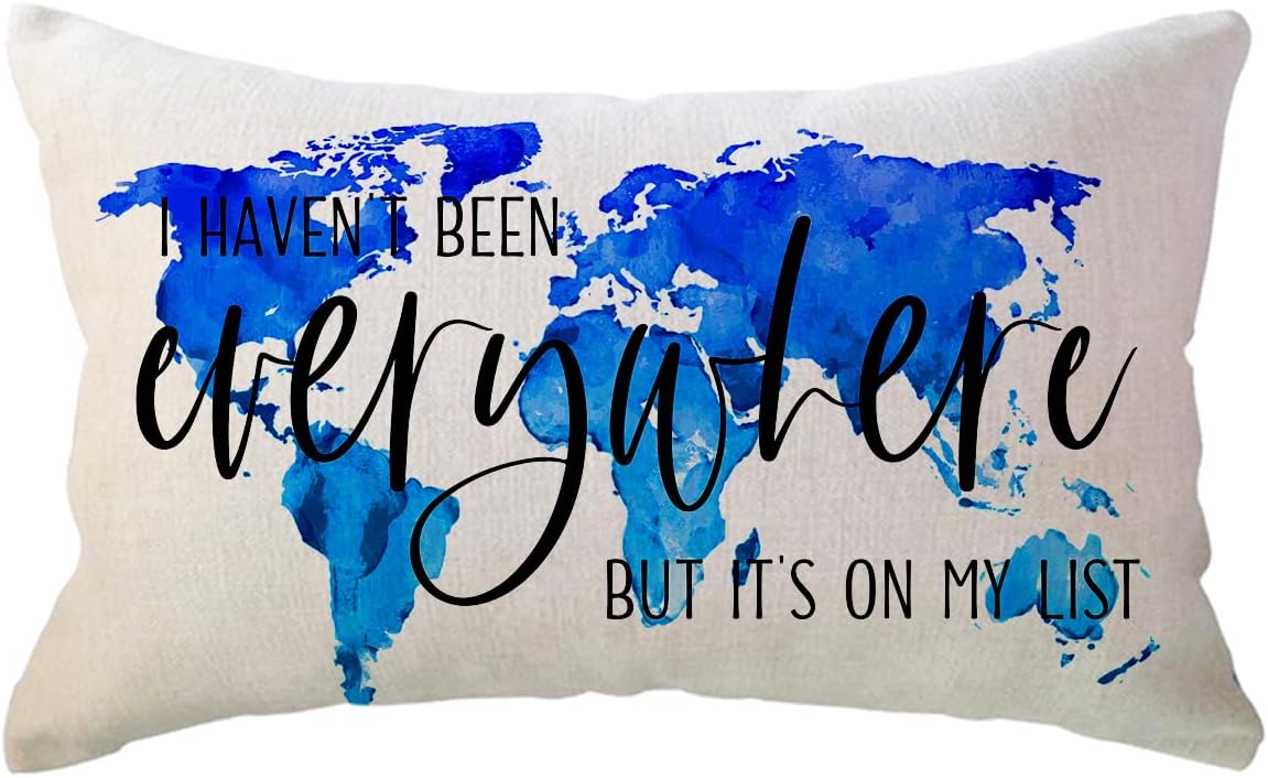 World Map Adventure Lumbar Throw Pillow Cover 12x20, I Haven't Been Everywhere But It's On My List Geography Theme Pillowcases World Traveler Gift Cushion Covers for Sofa Bed Couch (Blue)