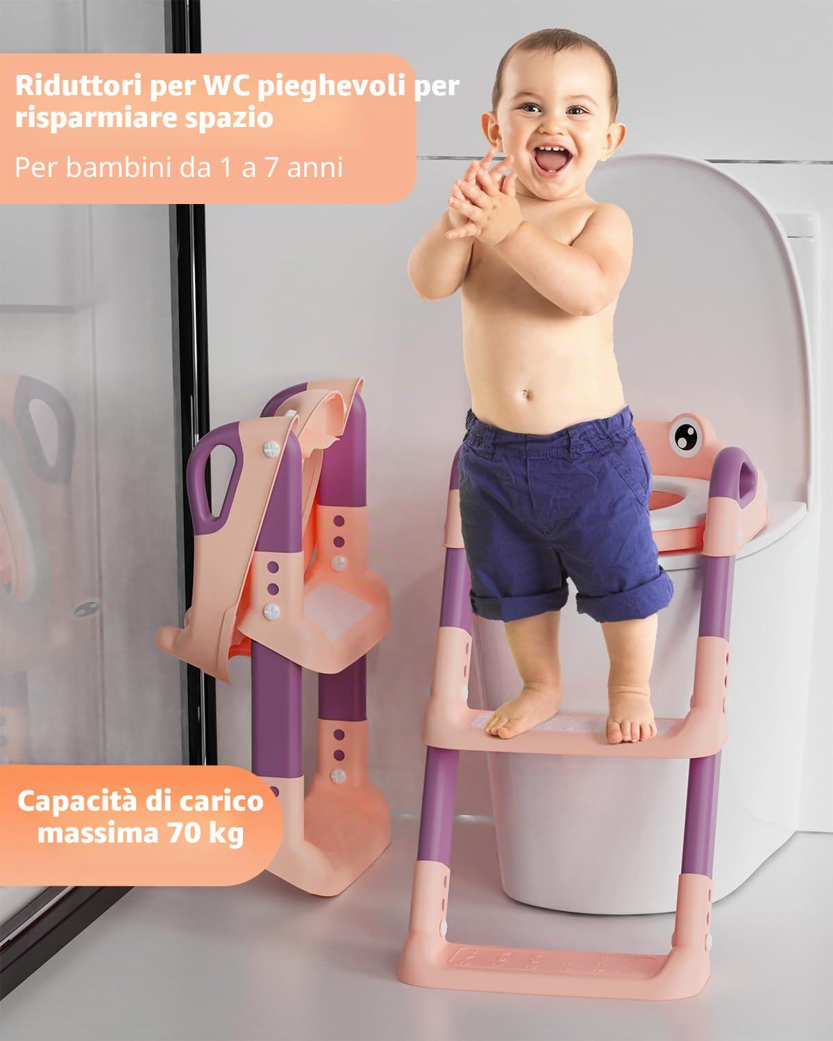 Riduttore WC per Bambini con Scaletta, Riduttore WC Bambini con PU Cuscino, Regolabile e Pieghevole, Antiscivolo Sedile WC per Bambini, Adatto per Tazze WC a V, U, O