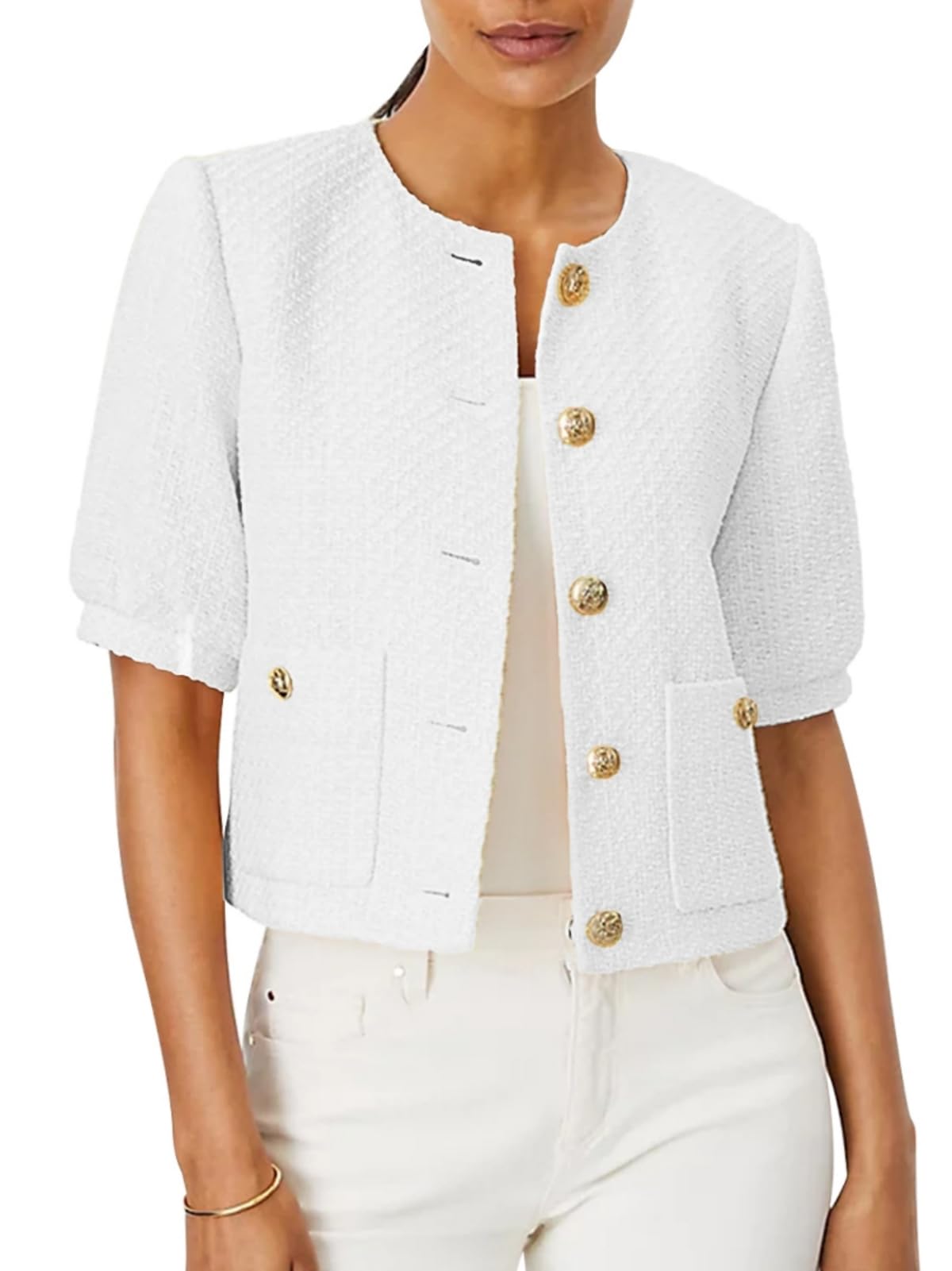 Lifeshe Puff Short Sleeve Tweed Jacket Women Cropped Jackets