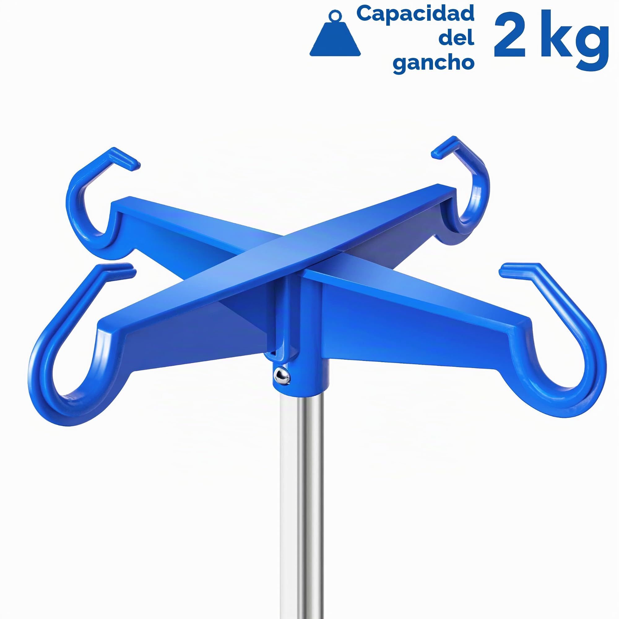 AIESI® Soporte Porta Sueros en ACERO INOXIDABLE con 4 ganchos de plástico y ruedas giratorias con freno, Gratis 2 portabotellas 100 ml, Garantía 24 meses