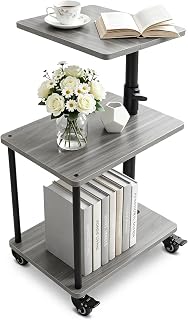 Beistelltisch auf Rollen mit Bremse, höhenverstellbar & 360° drehbar – Beistelltisch Couch/Side Table mit 3 Ablagen, stabilem Rohr, MDF Holzoptik, Grau-Walnuss