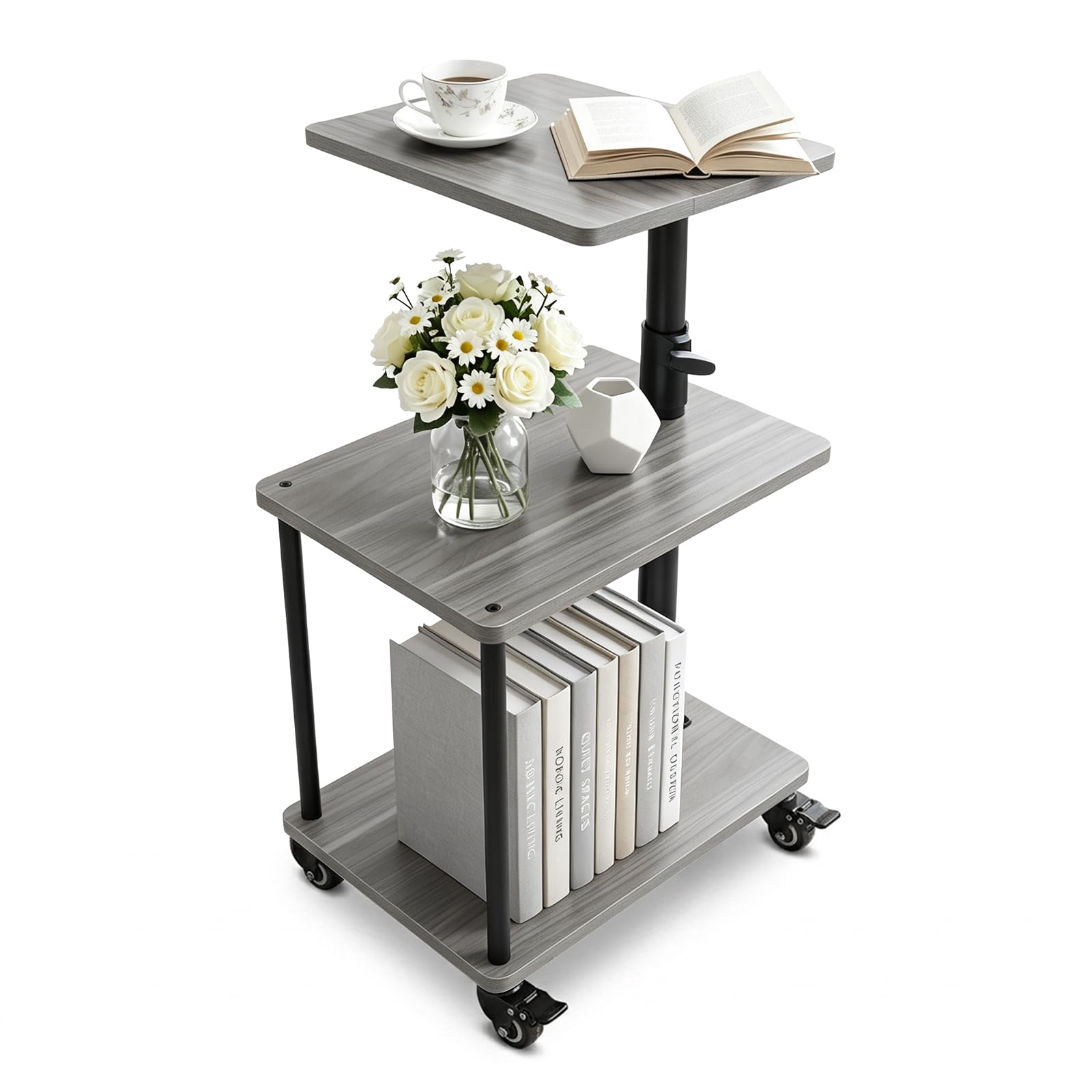 Bingyouth Side Table with Wheels, Height Adjustable Sofa Table with 360° Swivel Top, 3 Tier Bedside Table for Living Room, Bedroom and Small Spaces, Mobile End Table with Storage, Grey Walnut