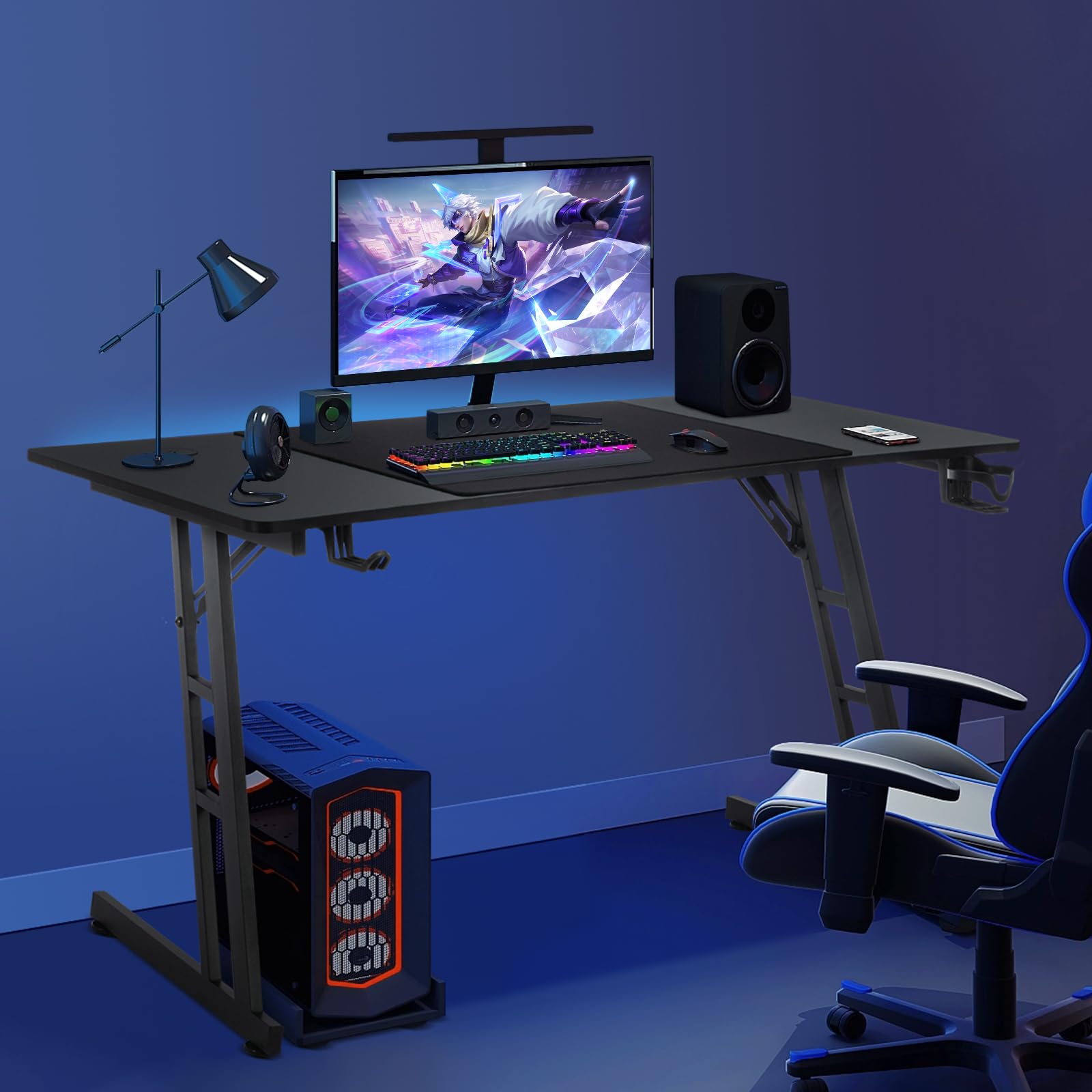 Bureau Gaming 140x60, Table Gaming Informatique Ergonomique, Bureau Gamer en Forme de Z Stable, Table Gamer avec Porte-Gobelet et Crochet pour Casque, Plateau en Fibre de Carbon, Bureau d'ordinateur