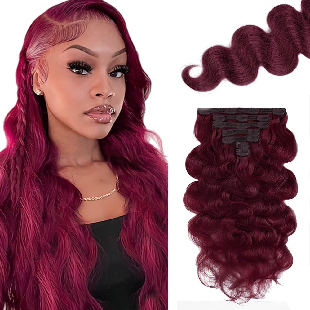 Photo 1 of Capurchra #99J Burgundy Clip In Human Hair Extensions, 20 Inch Body Wave