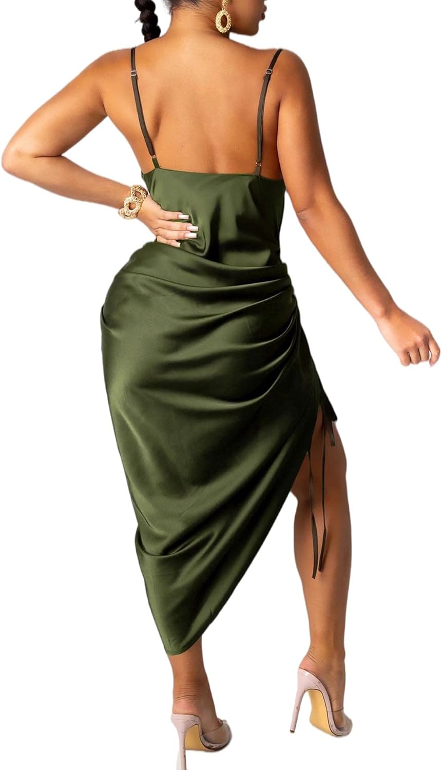 xxxiticat Women's Spaghetti Strap Satin Dress Sleeveless Cowl Neck Draped Slit Lace Up Drawstring Ruched Cocktail Midi Dress - Image 2