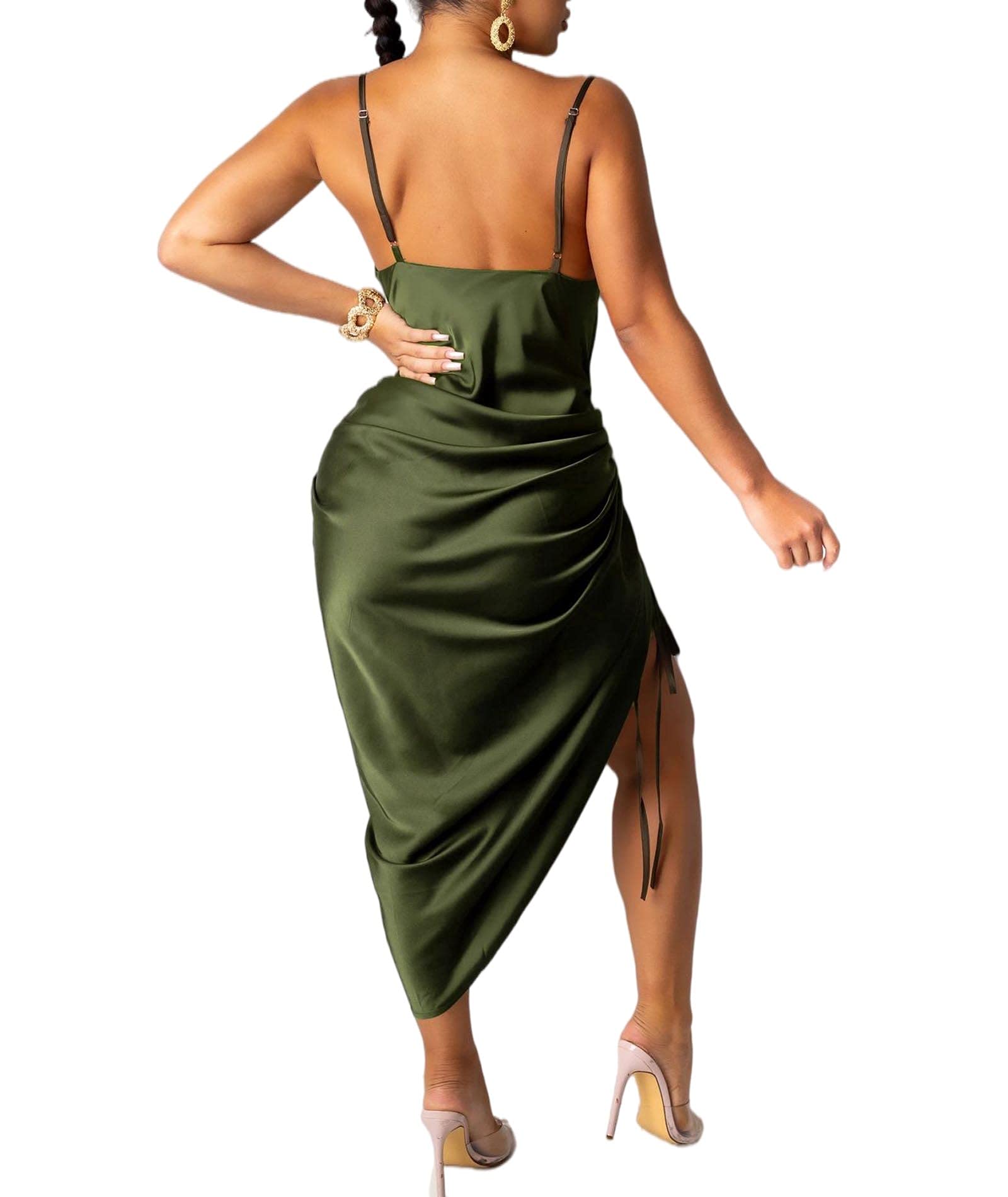 xxxiticat Women's Spaghetti Strap Satin Dress Sleeveless Cowl Neck Draped Slit Lace Up Drawstring Ruched Cocktail Midi Dress