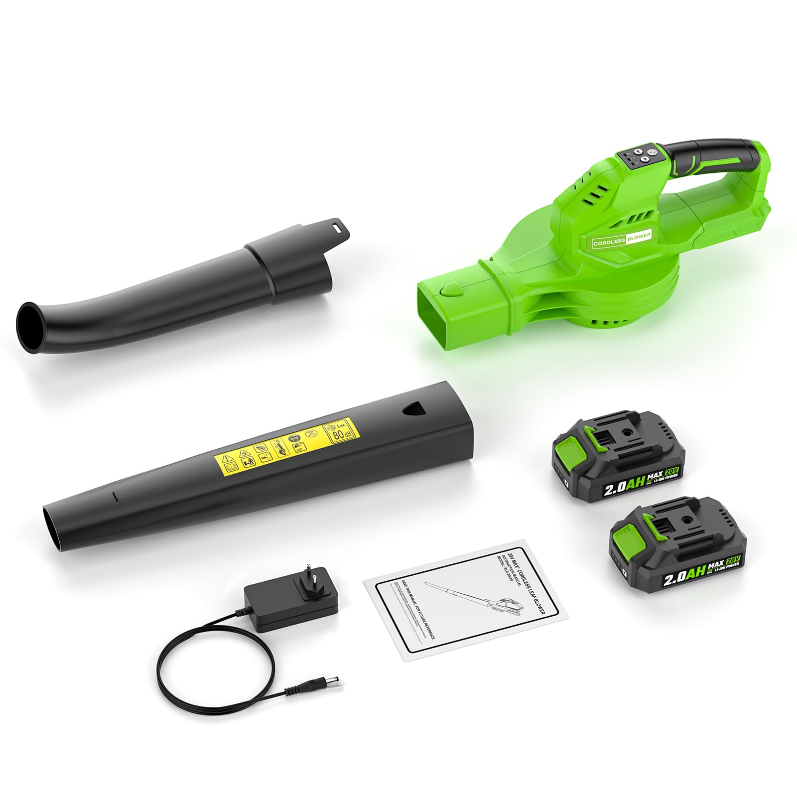 Soffiatore a Batteria con 2×2.0Ah，20V Soffiatore per foglie,ventola per foglie,leggero solo 1,4 kg,Leaf Blower 3 marce,interruttore turbo Max15000 giri/min,portata d'aria 120 km/h