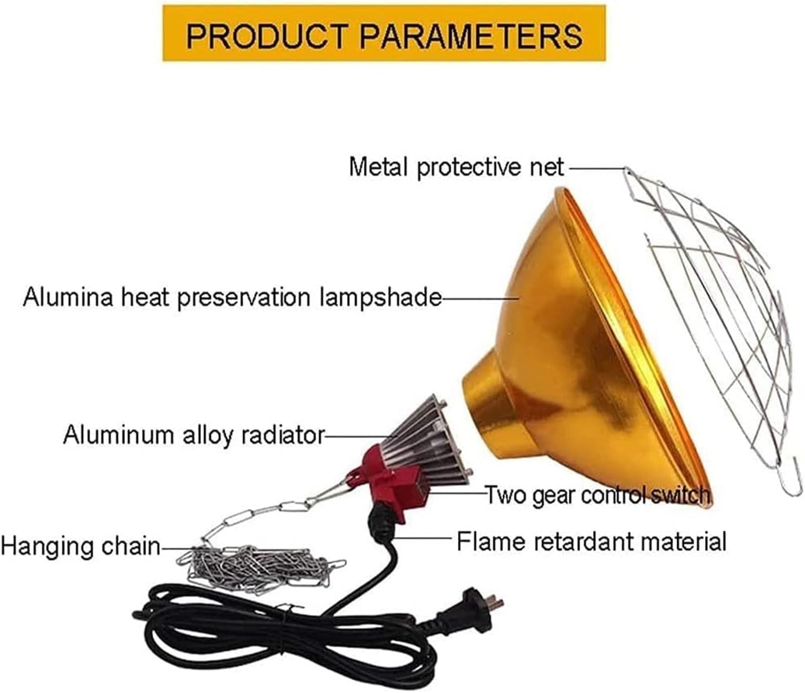 Lámpara de calefacción de cultivo for pollo, calefacción de cultivo de granja de cerdos, temperatura ajustable, luces de calefacción Pantalla de aleación de aluminio de invierno+bombilla de calor infr