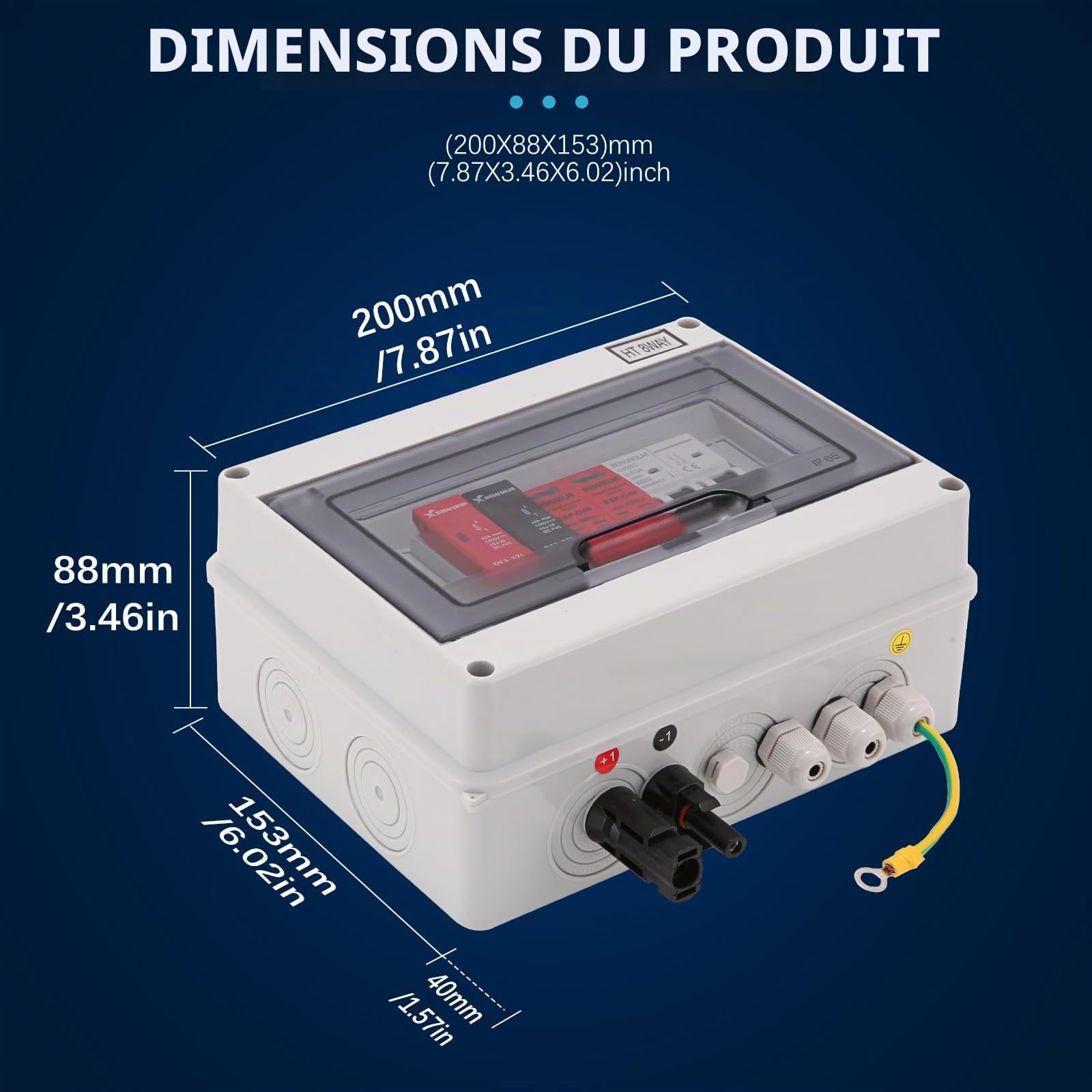 VOU Combinateur solaire DC 600 V pour panneau solaire, 1 chaîne avec connecteur parafoudre pour système de panneau solaire marche/arrêt, 1 entrée 1 sortie 15 A, disjoncteur 63 A, étanche