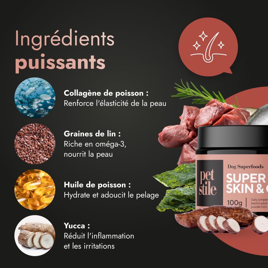 Super Skin & Coat Omega 3 pour Chiens – Peau Saine & Pelage Brillant avec Oméga-6, Zinc, Biotine, Vitamine E & Huile de Poisson – Réduit Démangeaisons & Perte de Poils (100 g (Paquet de 3))