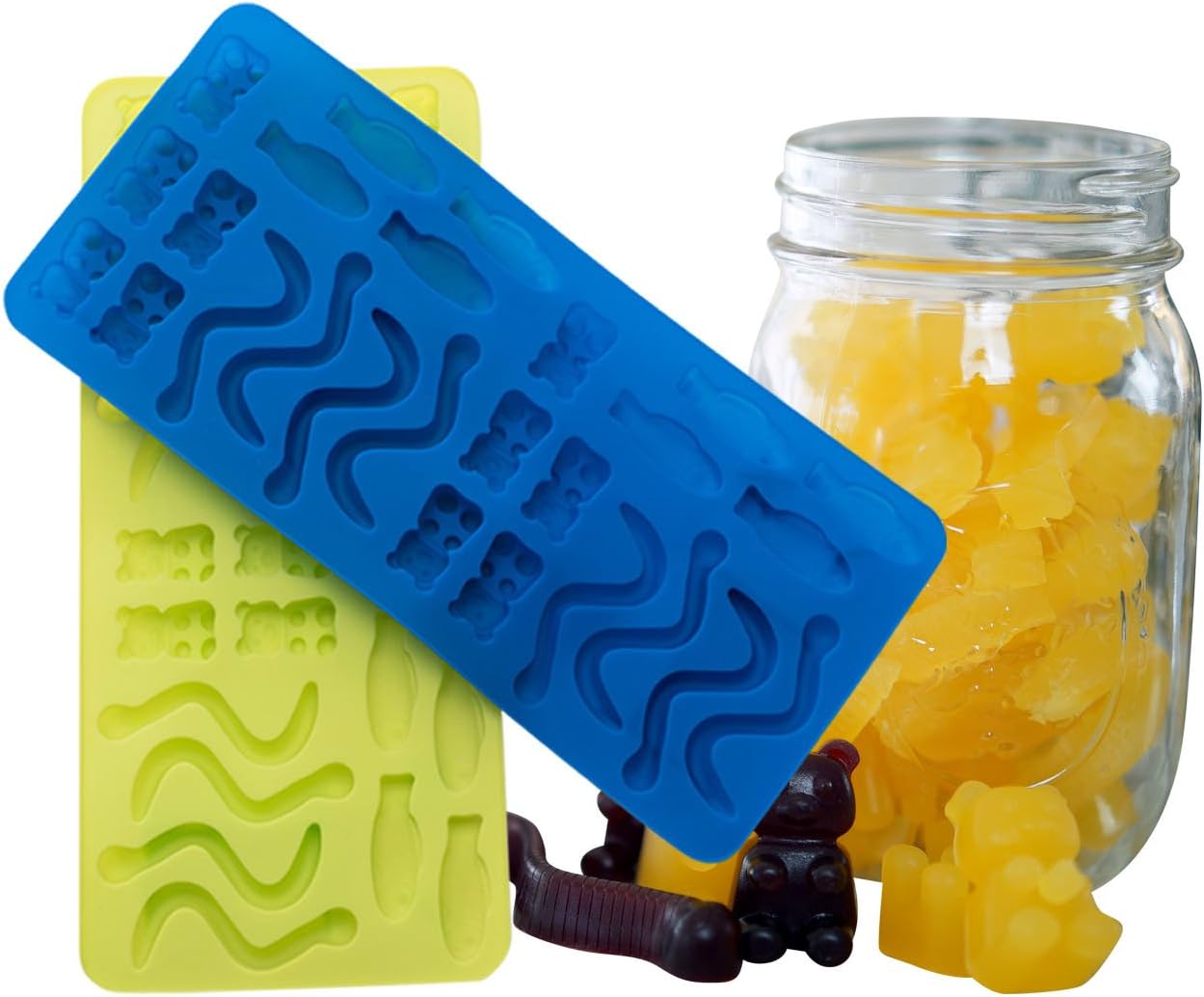 Gummy Bear Worm and Swedish Fish Silicone Candy Maker Mold. Unique Childrens Item for Healthy Home Made Gelatin Gummies, Fruit Snacks, Ice Cubes and Chocolates. 2 Molds for 52 Large Gummy Shapes