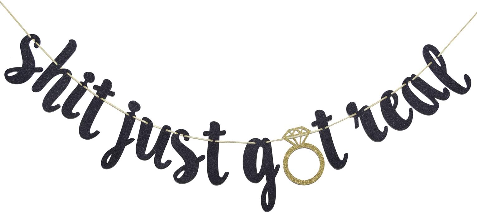 Firefairy Shit Just Got Real Banner, Just Engaged Decorations, Pre-Strung Adjustable Bunting for Engagement, Bachelorette Decor, Just Married Decorations, Black & Gold Glitter
