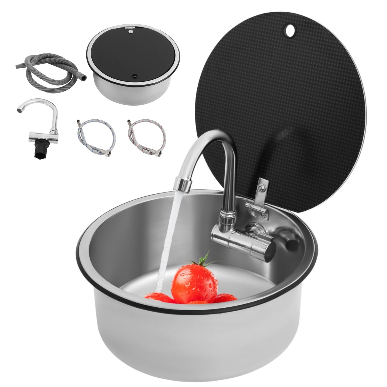 Évier en acier inoxydable Ø 34 cm rond, RV Camping-car Éviers de cuisine Évier encastré en acier inoxydable avec robinet à clapet et raccord de tuyau de vidange, évier de camping pour cuisine, salle