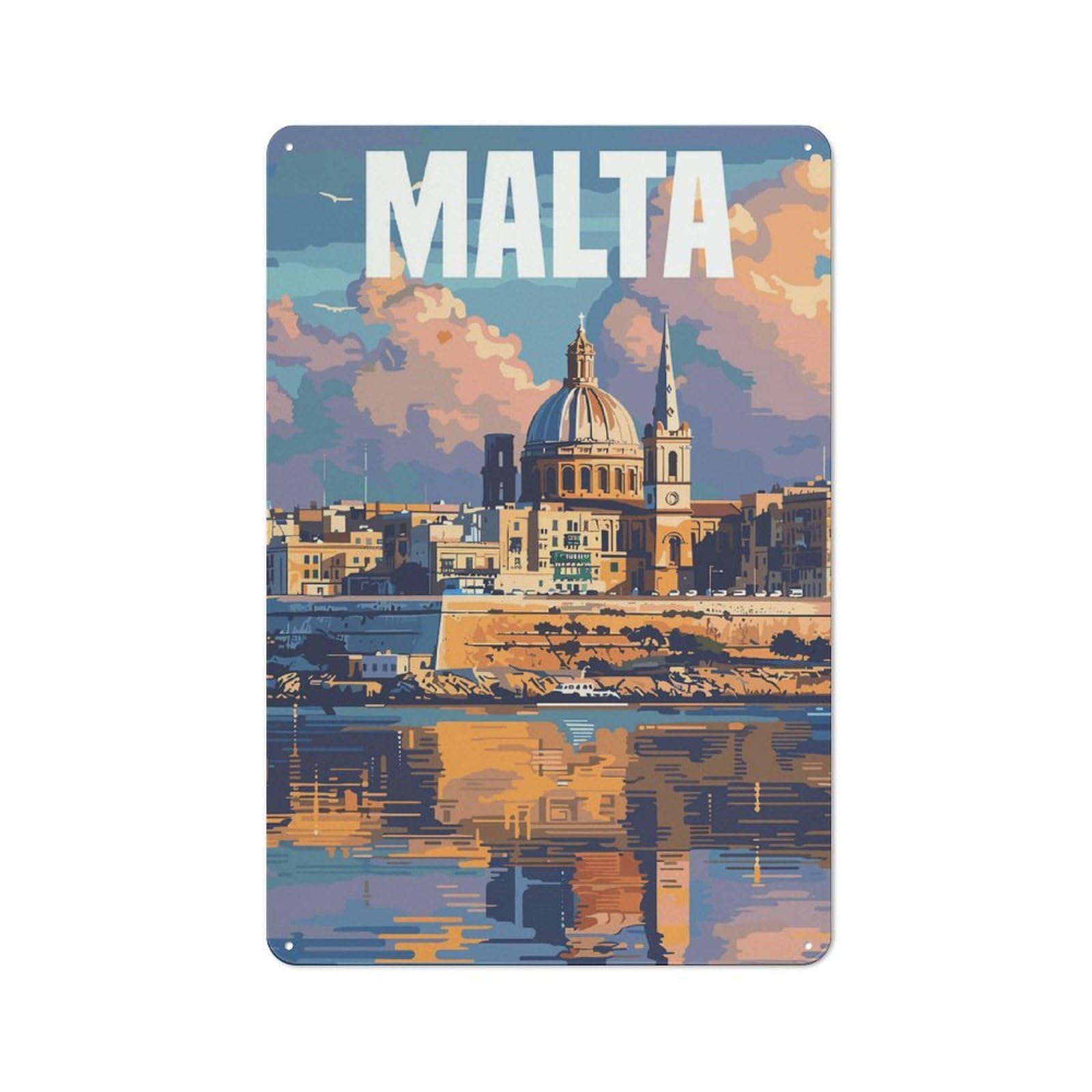 Classic Metal Plaque 30x20cm Featuring Malta Travel Poster, Bistro Wall Plaque for Kitchen, Cafe, Pantry Or Dining Room
