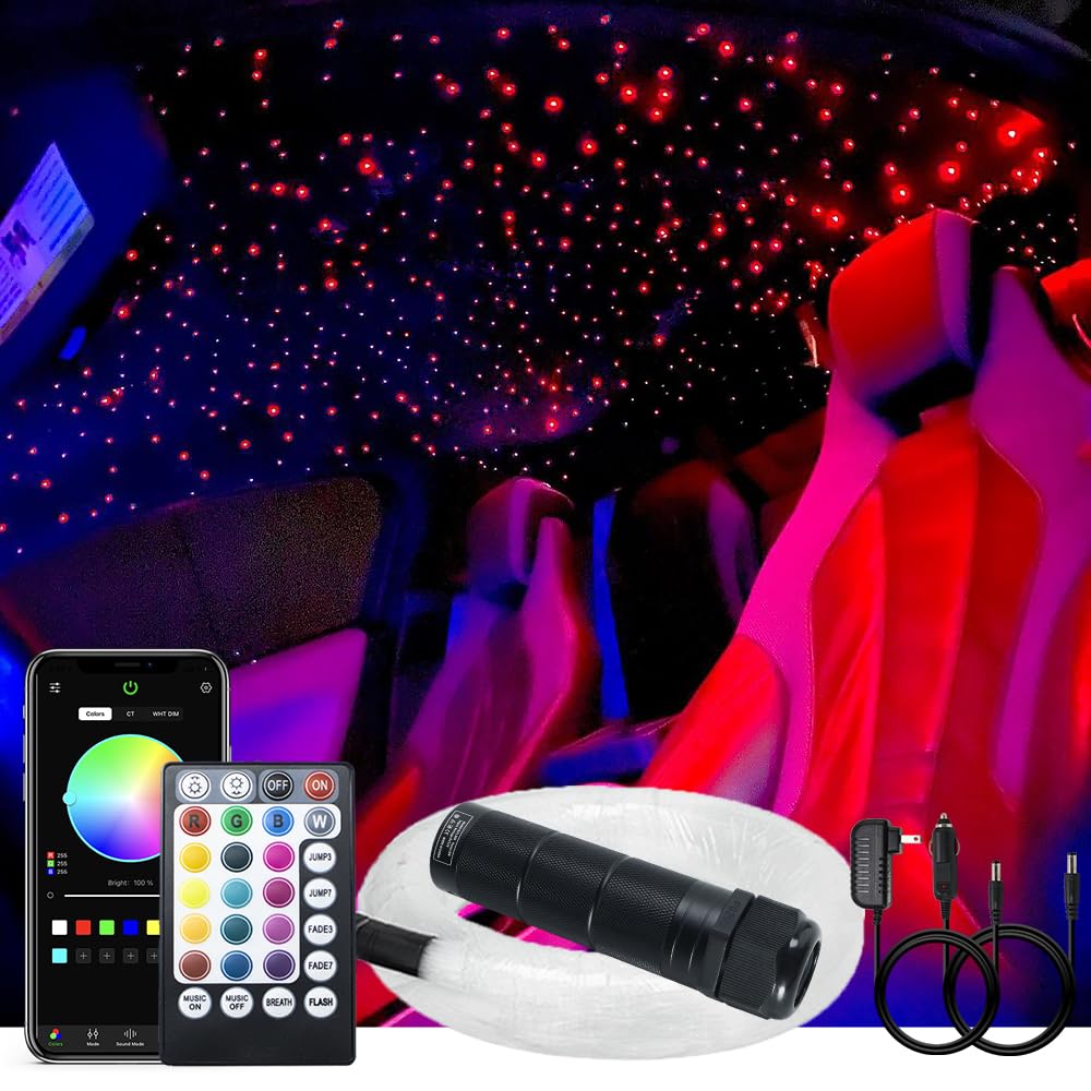 AKEPO 6W Mini Size Music Sync Fiber Optic Starlight Headliner Lights Kit, 295pcs Mixed Size Fibers(0.75+1+1.5mm) 9.8ft/3m App/28key Remote Control