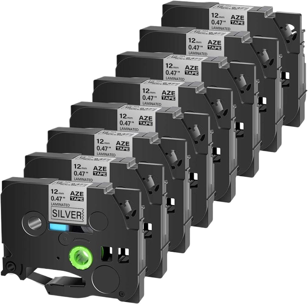 Lot de 8 rubans d'étiquettes laminés, 4 mm, 8 mm, 12 mm, 18 mm, 24 mm de largeur, noir sur argent, compatible avec les étiqueteuses PT-D210, H110, 1230PC pour TZ-941, TZE931, TZE951