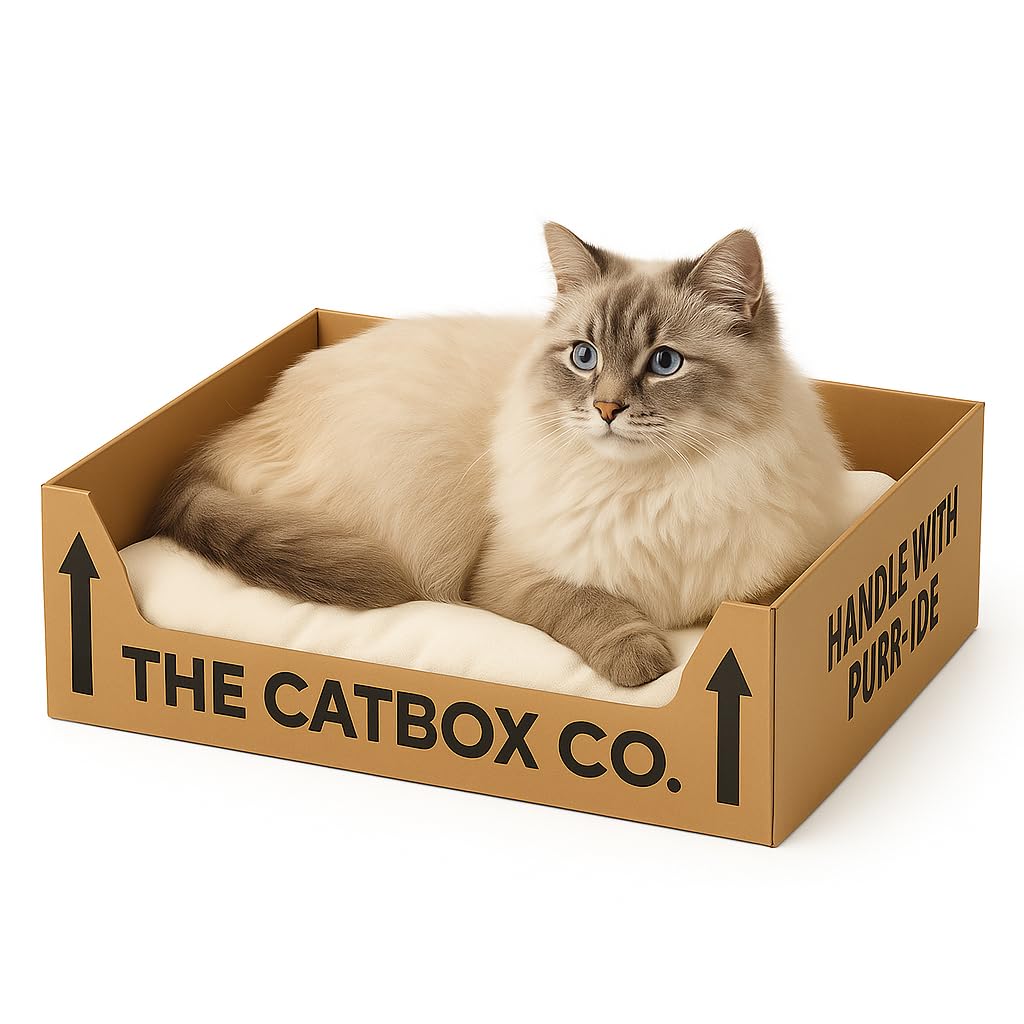 The CatBox – Recyclable Cardboard Cat Bed with Washable Cushion | Eco-Friendly, Flat-Pack Box for Cats Who Love to Sit, Sleep and Scratch