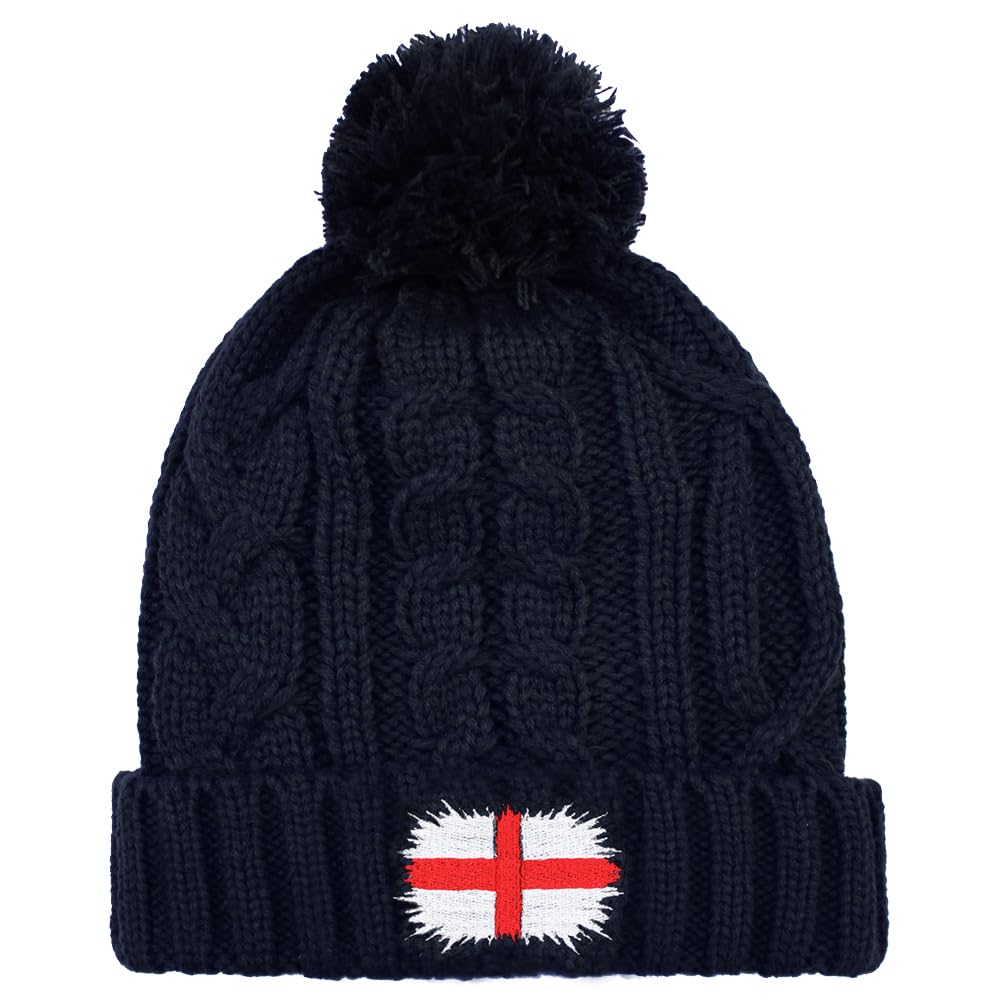 TeddyT's Men's England Flag Embroidered Sports Navy Blue Bobble Hat