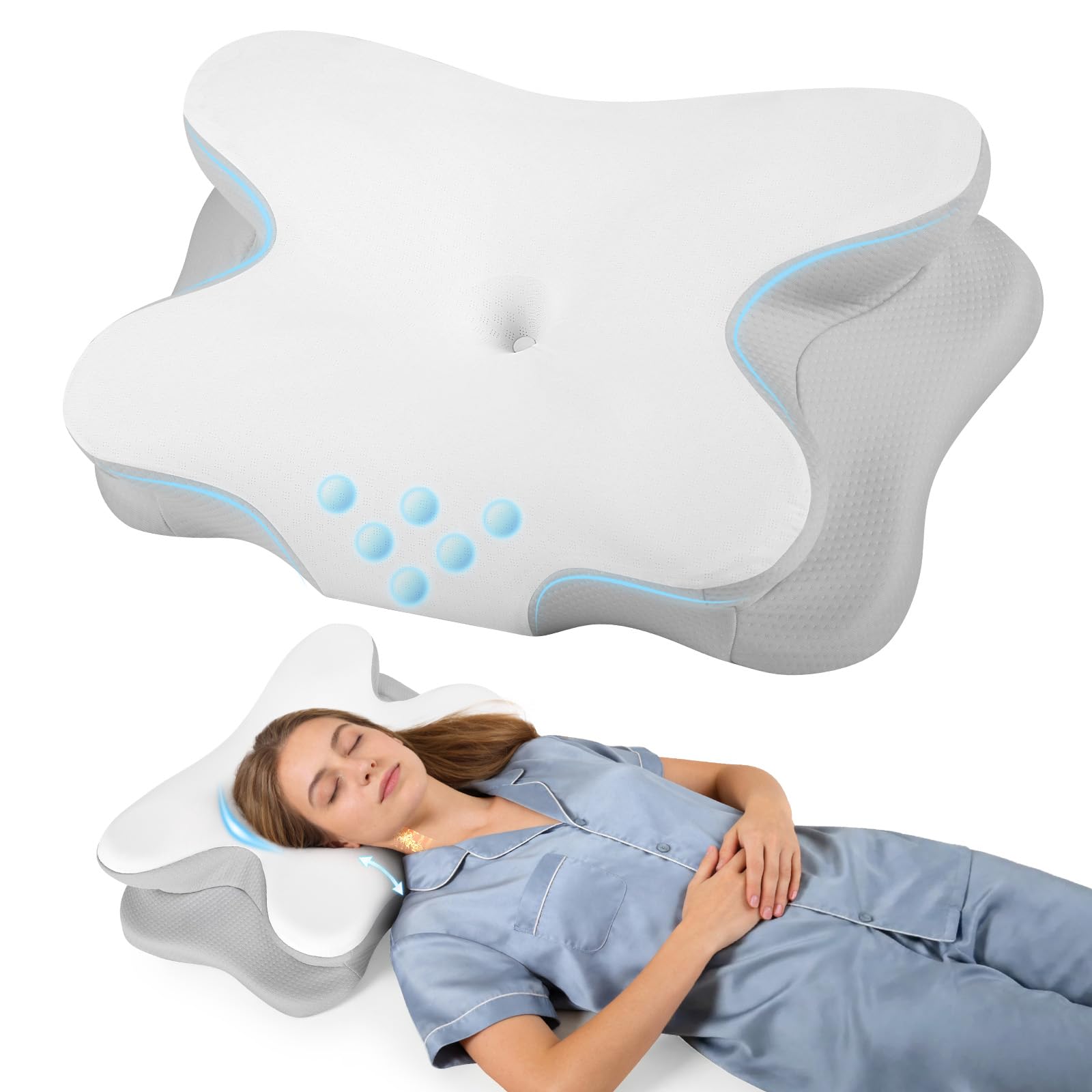 Untimaty Nackenkissen - Orthopädisches Kopfkissen aus Memory Foam - Ergonomisches Kopfkissen gegen Nackenschmerzen für Seitenschläfer, Rückenschläfer und Bauchschläfer mit Eisseiden Bezug (Weiß Grau)