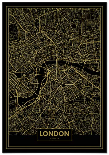Panorama Leinwandbild Karte Gold von London 21 x 30 cm - Gedruckt auf Leinwand - Wandbild Wohnzimmer - Dekoration Schlafzimmer