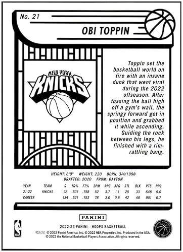 Miniatura 2 de Obi Toppin 2022-23 Panini Hoops Premium Foil /199#21 NM+-MT+ NBA Basketball Knicks