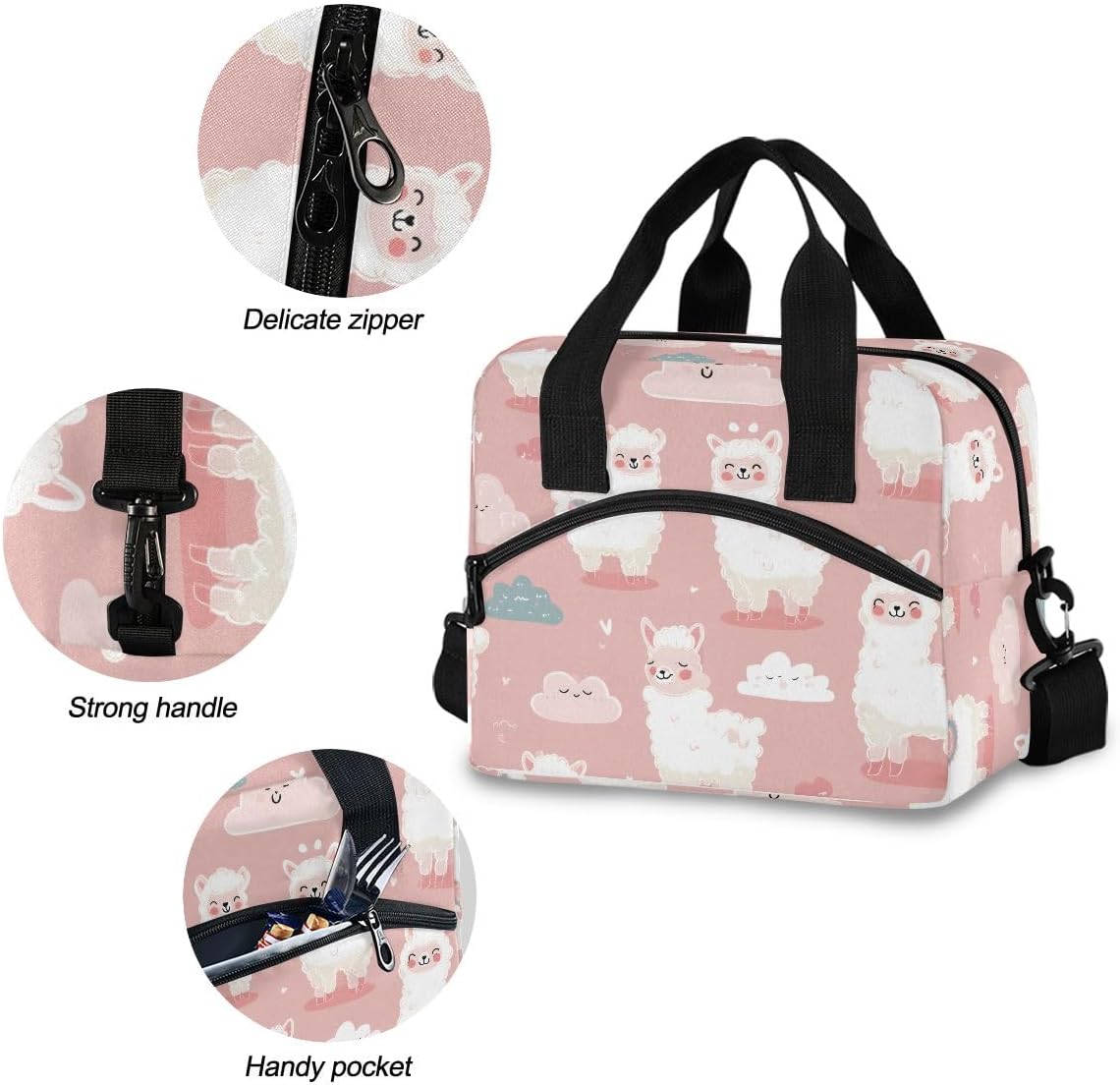 Bolaz Insulated Lunch Bag Cooler Tote Bag Box Large for Women Men Llama Clouds Pink School Work Portable Adjustable Shoulder Strap Pocket