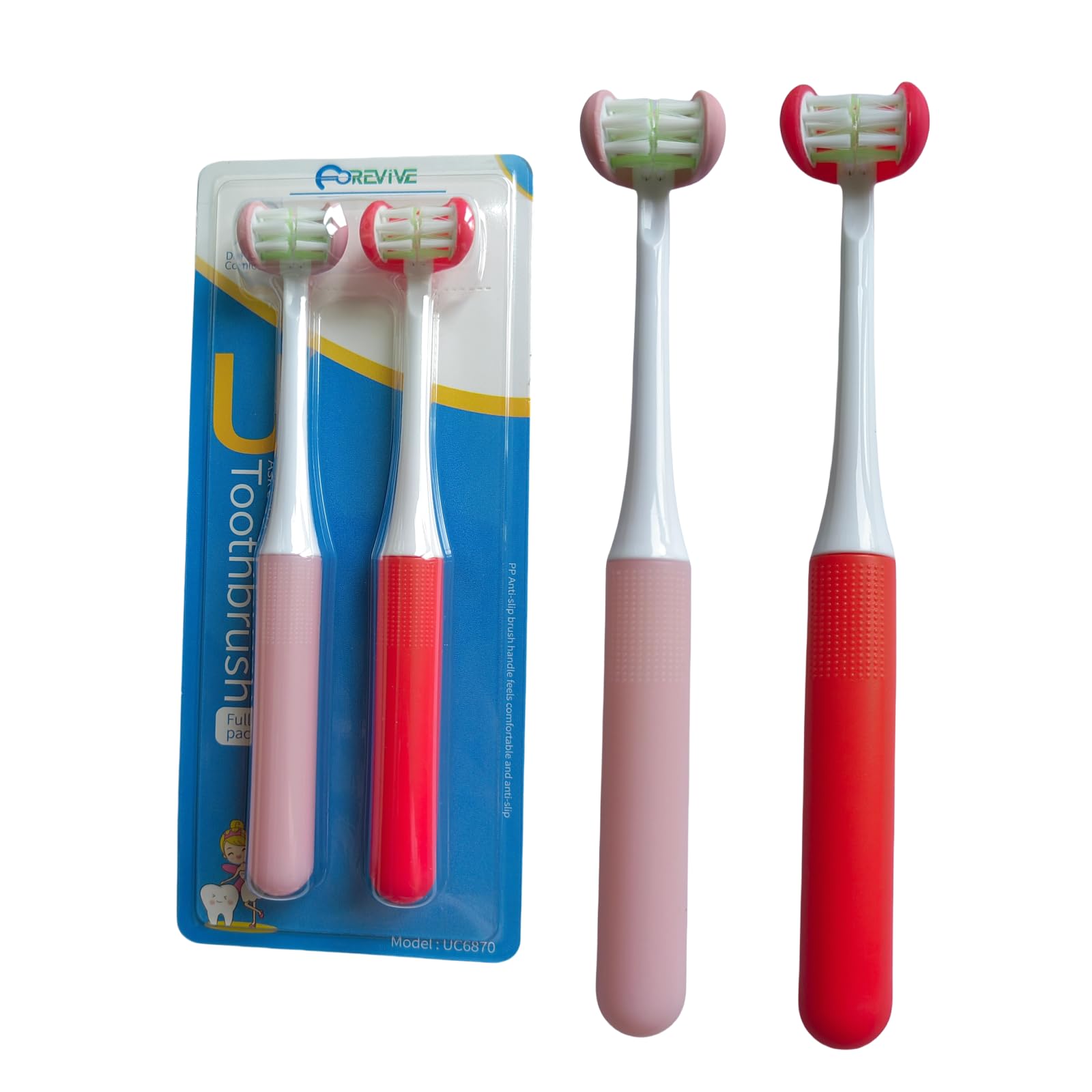 FOREVIVE Kids Toothbrush Medium,Child Toothbrush Soft Bristle,Toddler Tooth Brushes 3 Sided,Brushing Kids Teeth Made Easy and Efficient,Pack 2 (red+Pink)