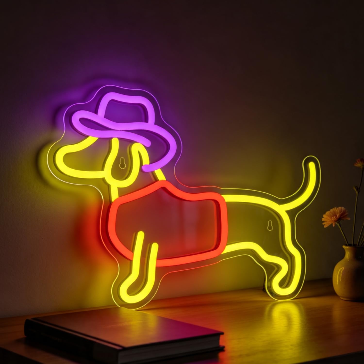 Dachshund Neon Sign Dog Neon Signs Colorful Led Signs for Wall Decor USB Powered, Cute Puppy with Cowboy Hat Neon Light Sign for Bedroom Party Gifts for Dog Lover 13.78”x4.80”