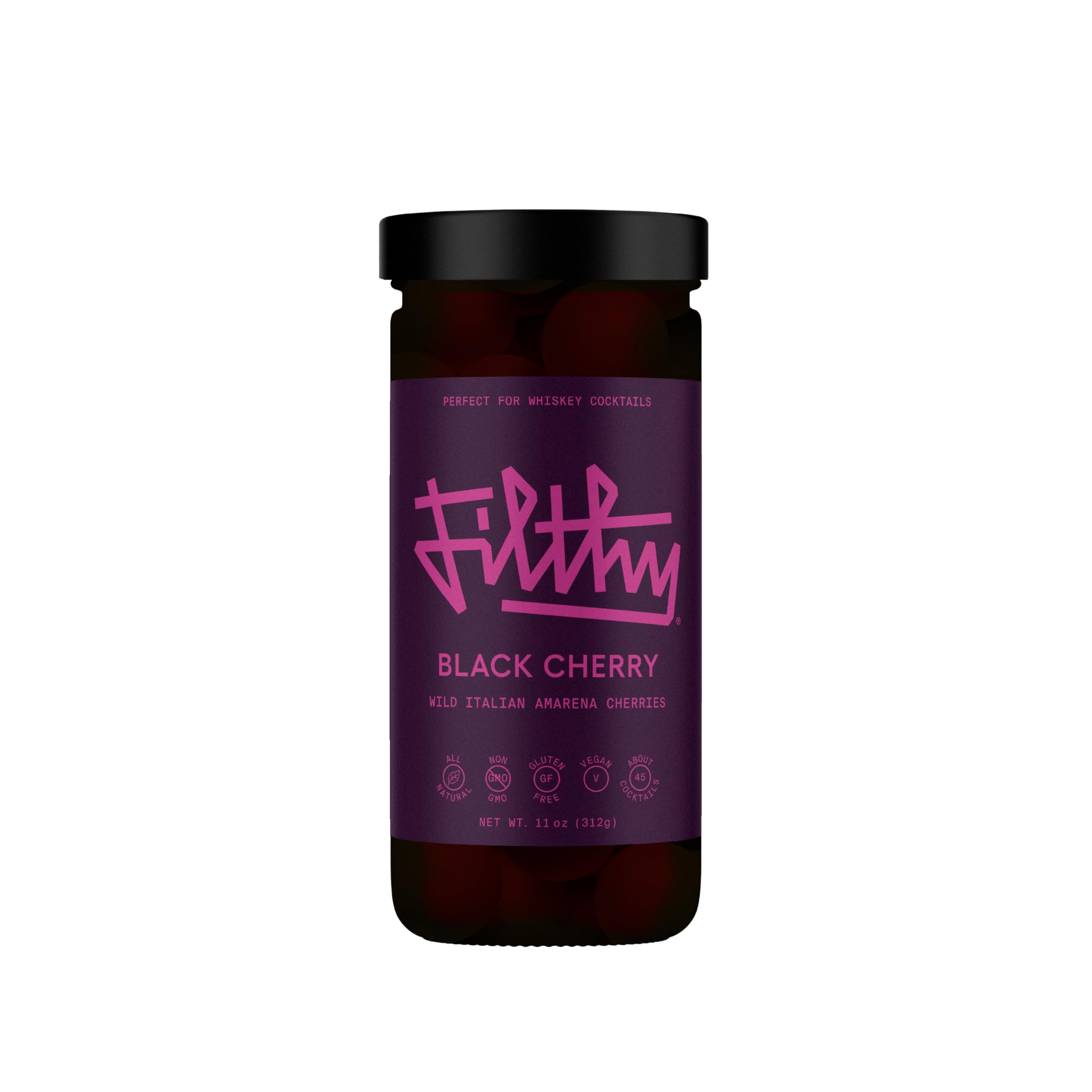 Filthy Cocktail Amarena Black Cherries, Premium Cocktail Garnish, All Natural Wild Italian Amarena Black Cherry, Non-GMO, Gluten Free, Vegan, Slow-Cooked, 11 Oz Jar, 45 Cherries