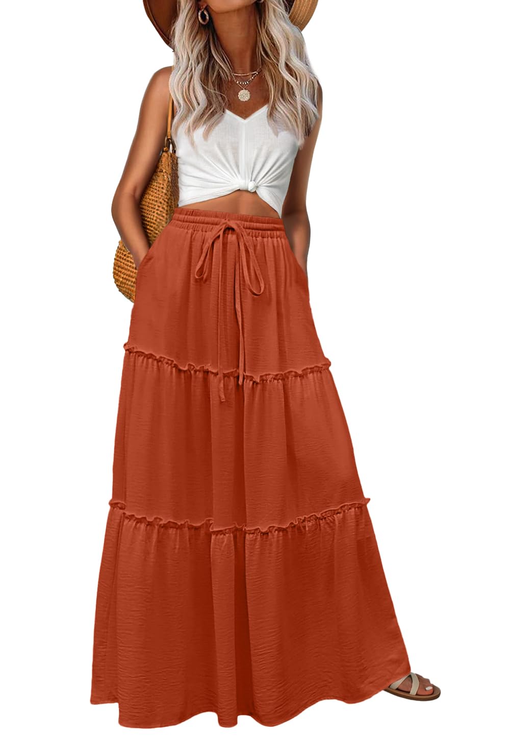 Lepunuo Womens Casual Boho High Waisted Flowy Maxi Skirts Tiered Floral Long Skirts with Pockets for Summer Beach Vacation