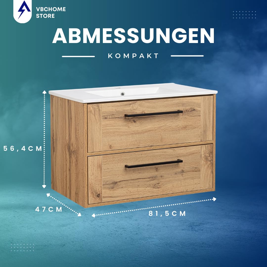 VBChome Hängeschrank 81x56x47 cm Eiche Wotan mit Keramikwaschtisch – Moderne Badmöbel mit Soft-Close-System und Metallgriffen