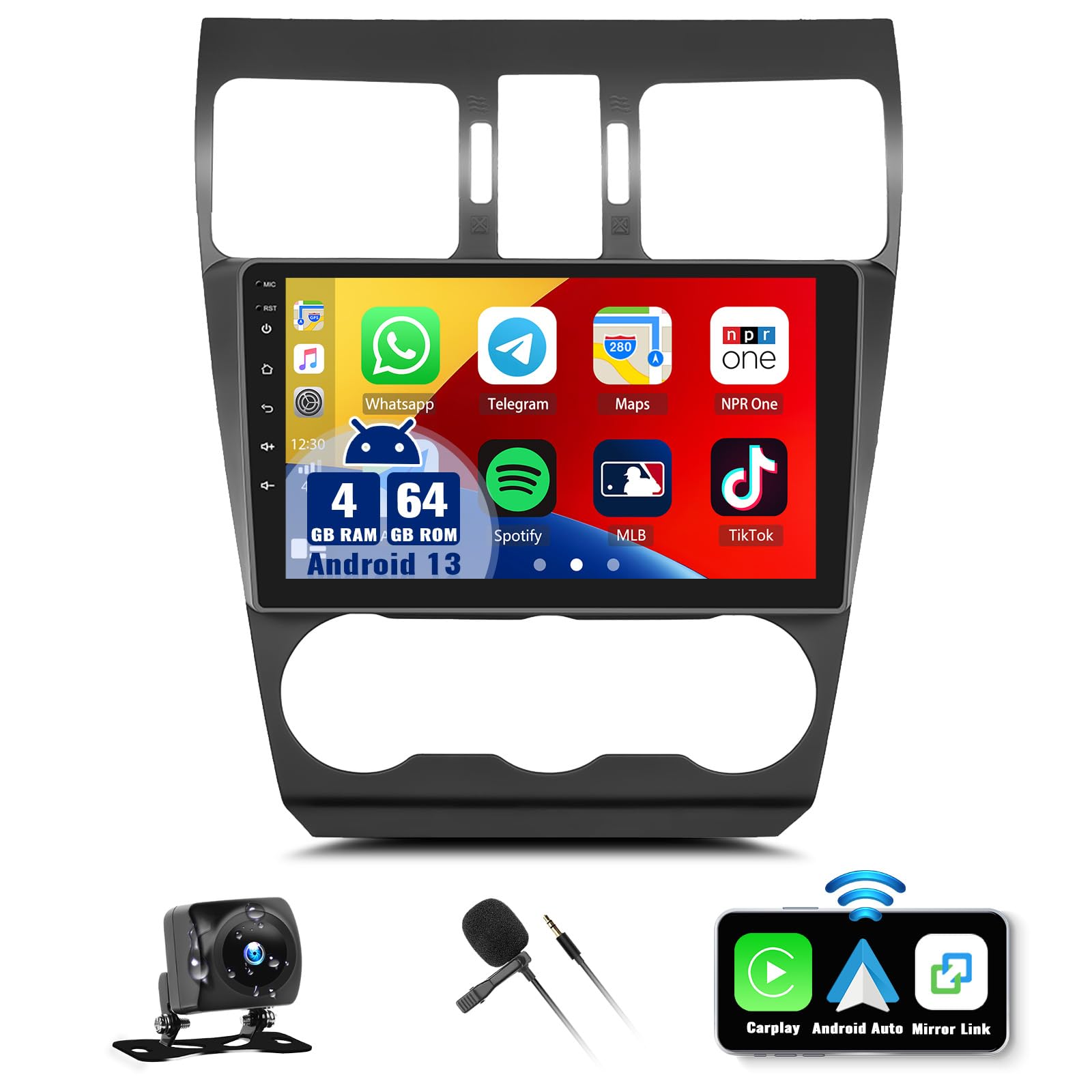 SIXWIN 4G+64G Android 13 Car Stereo for Subaru Forester 2016 2017 2018 9 Inch Touch Screen with CarPlay Android Auto Mirror Link UI Bluetooth FM GPS Navigation WiFi FM SWC Shot Cut Backup Camera MIC