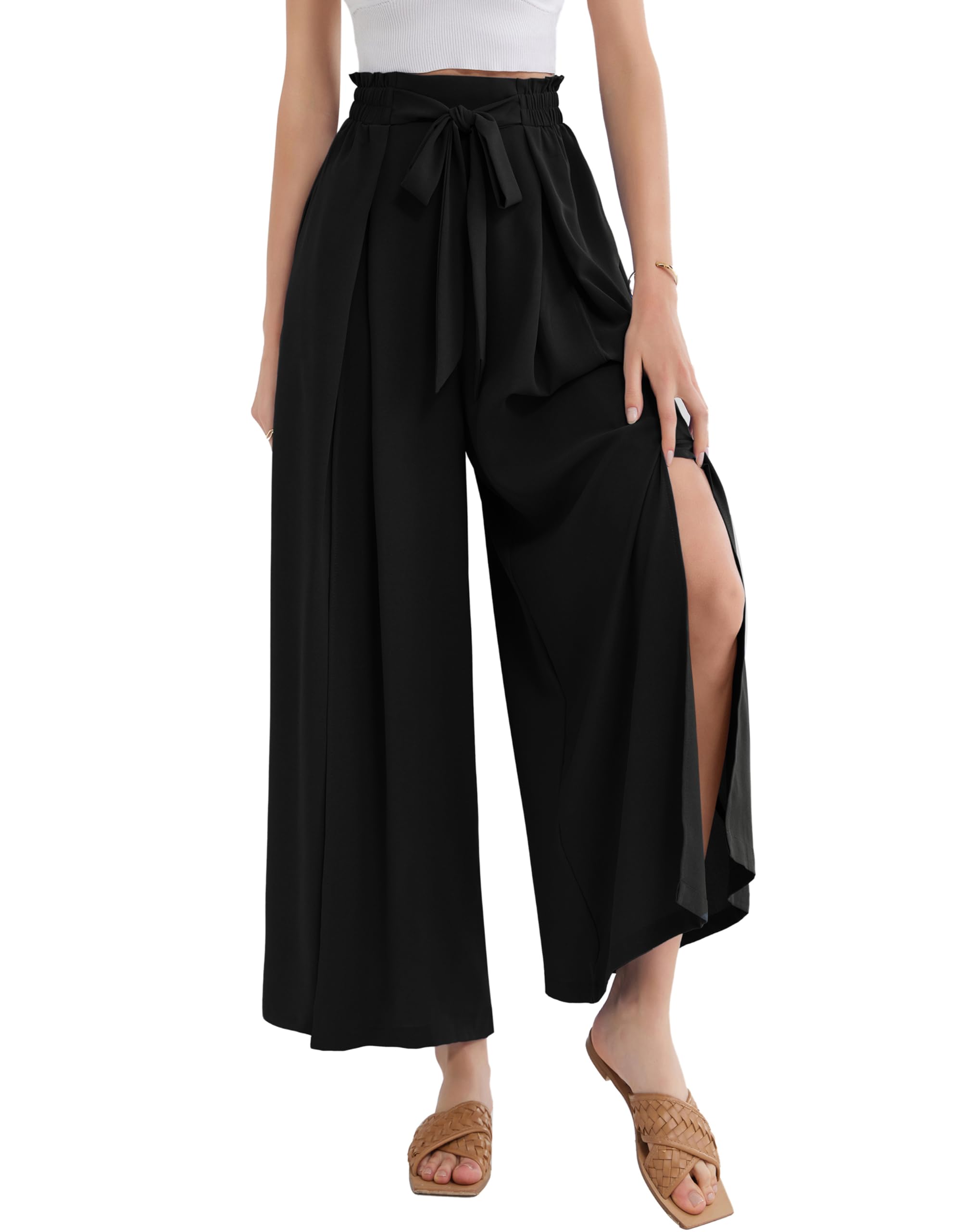 GRACE KARIN Womens Wide Leg Pants with Pockets Lightweight High Waisted Tie Knot Caual Loose Split Flowy Palazzo