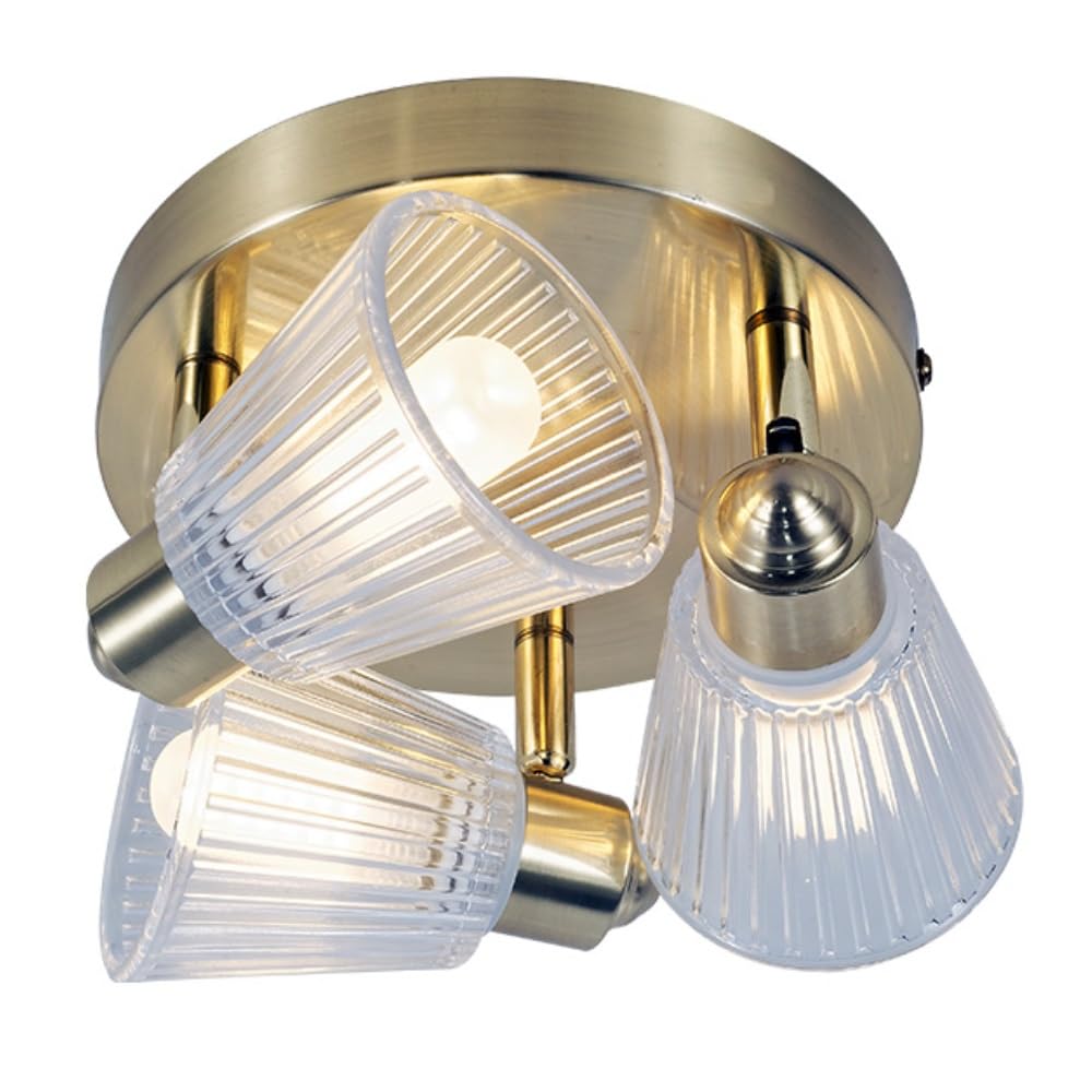 Britalia Satin Brass & Clear Ribbed Glass Bathroom Vintage 3 Lamp Round Plate Ceiling Light | 20.5Cm Diameter | Ip44 Rating | 3 X G9 Lamp Bulbs Required | 240V Uk | Flush Ensuite Lighting | Retro Vibe