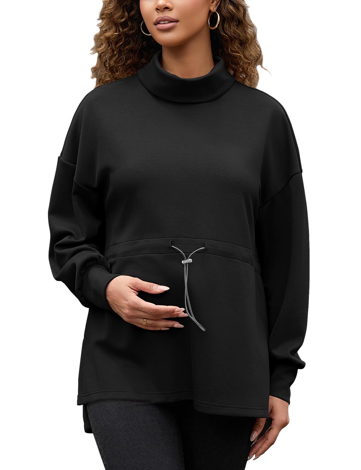Bhome Umstands-Rollkragen-Sweatshirt, langärmelig, übergroßer Pullover, Tops, Seitenschlitz, Tunika, Hemden mit Kordelzug in der Taille