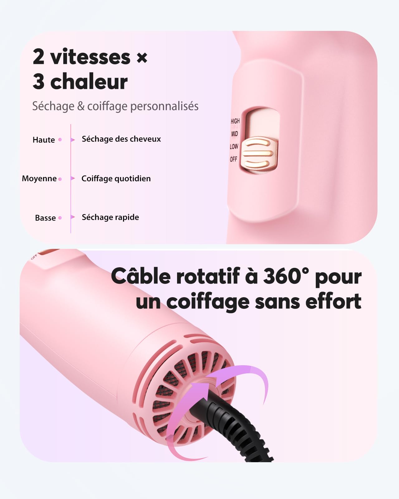 Bopcal Mini Brosse Soufflante Voyage 4 en 1 - Brosse Sèche Cheveux Double Tension Automatique (100-240V) avec Ionique, Brosse Chauffante avec épine US et UK